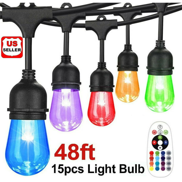 48ft String Lights RGB Cafe LED String Lights w/15 S14 Bulbs Backyard Waterproof 